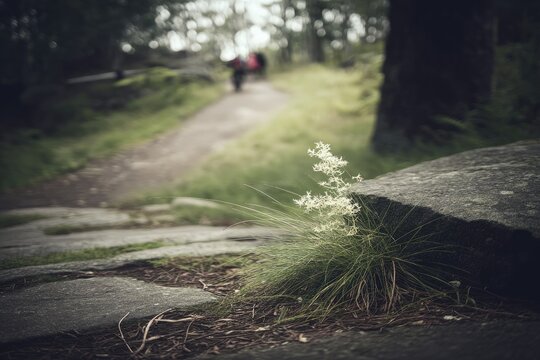 A small, delicate white flower in a forest path, stone and grass foreground, blurred hikers in the background