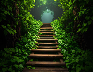 Wooden stairs pathway leading into lush green forest. Generative AI