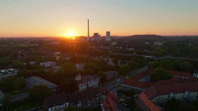 Aerial drone view of Herne in North Rhine-Westphalia, Germany &ndash; urban cityscape with residential buildings, streets, and green areas captured from above on a clear day. 10 September 2024