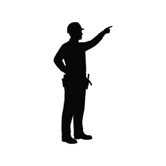 Construction worker silhouette pointing direction safety helmet pointing gesture industrial job isolated vector