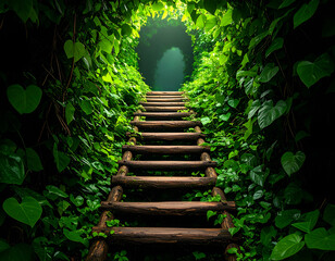 Wooden stairs pathway leading into lush green forest. Generative AI