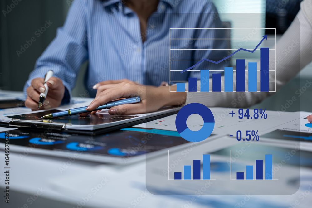 Poster analyzing business growth data office environment digital analytics professional workspace close-up 