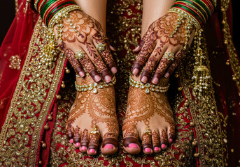 Beautifully Adorned Hands and Feet of an Indian Bride with Intricate Mehndi, Bangles, and Bridal Jewelry