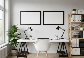 Bright Modern Home Office with Dual Desks and Blank Frames