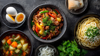 Assortment of deliciously prepared dishes featuring stir-fried vegetables, soft-boiled eggs, noodle soup, and bread served on rustic surface, capturing vibrant flavors, diverse culinary presentation