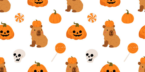 Cute Halloween capybara seamless pattern, spooky cartoon capybaras dressed as mummy, ghost, witch, pumpkin, with gravestone, candles, broom, toilet paper and pumpkins, kawaii animal vector background