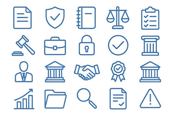 Set of Twenty Blue Line Icons Representing Law, Business, Security, Compliance, and Corporate Governance Concepts