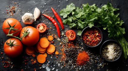 assortment of fresh vegetables, herbs, and spices arranged for cooking. Ingredients include tomatoes, cilantro, garlic, chili, carrot slices, and various seasonings displayed vividly on dark surface