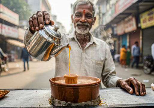 Smiling Indian Chai-Walla Pours Steaming Masala Tea into a Tradi - Powered by Adobe