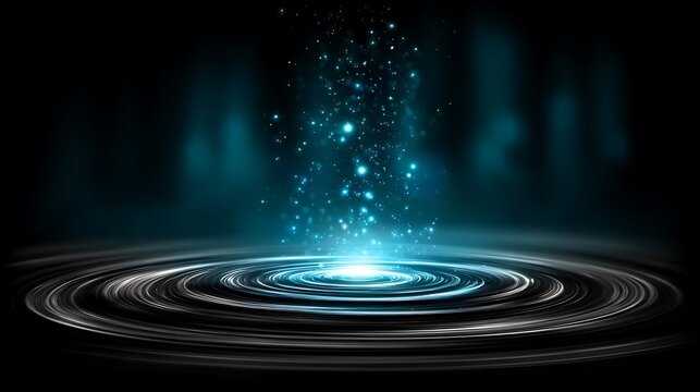 Digital particles forming circular waves on a dark teal background