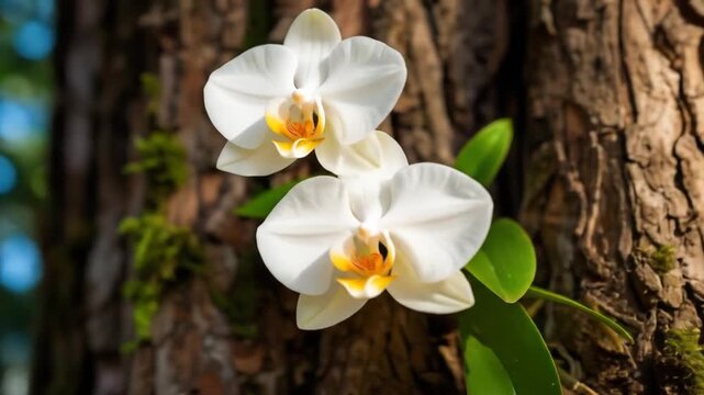 Delicate white orchids clinging to a textured tree trunk