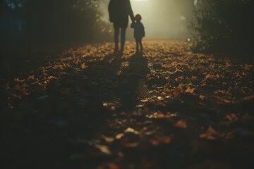 Obraz premium Celebration of the first bell on a serene autumn morning with students and their families walking through fallen leaves