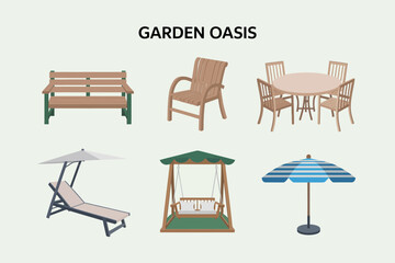 Fototapeta premium Sun lounger umbrella and gazebo icons, patio lounge vector, summer garden illustration, poolside decor clipart, leisure outdoor design