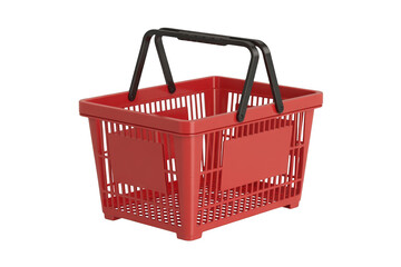 Fototapeta premium Red plastic shopping basket with black handles isolated on transparent background