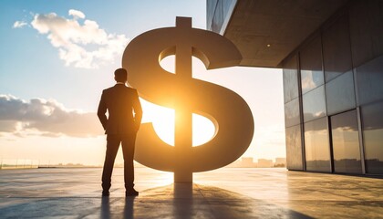 Successful businessman silhouette next to a large dollar sign on a rooftop at sunset, a concept of financial achievement and corporate power.