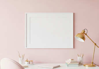 Stylish Pink Wall Home Office Desk with Blank Frame Mockup