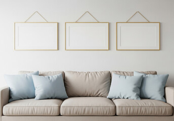 Modern Living Room Interior with Beige Sofa and Blank Gold Frames