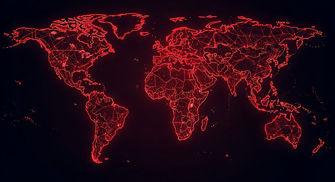 Glowing red world map digital alert visualization with global warning signals, network lines, and cybersecurity threat indicators
 - Powered by Adobe