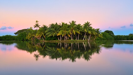 Obraz premium Idyllic Tropical Island Paradise with Palm Trees Reflected in Calm Water at Sunset offering a Serene Escape