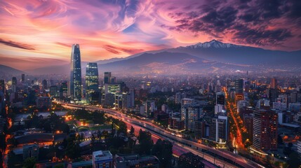 Santiago cityscape at dusk during chile independence day celebration with colorful sky. Horizontal banner. Copy space. Chile National Day. Postcard from Chile