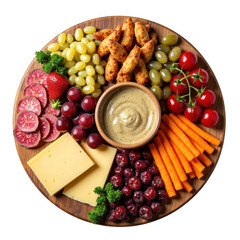 Delicious gourmet charcuterie board with an assortment of fruits, vegetables, and dip transparent background