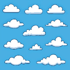 Set of pixel art clouds in retro 8-bit video game style. Cartoon cumulus weather icons for design isolated on blue sky background.