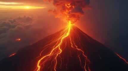 Erupting volcano at dawn, lava rivers illuminating steam clouds, shot from helicopter angle with telephoto compression, National Geographic-style realism