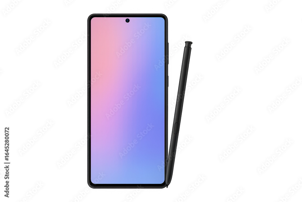 Poster modern smartphone with stylus showing gradient screen on transparent background