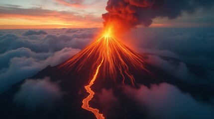 Erupting volcano at dawn, lava rivers illuminating steam clouds, shot from helicopter angle with telephoto compression, National Geographic-style realism