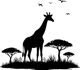 "Giraffe Silhouette in African Savannah"