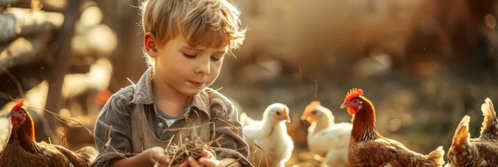 Child exploring farm life with chickens and ducks on world farm animals day. Horizontal banner. Copy space