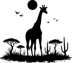 "Giraffe Silhouette in African Savannah"