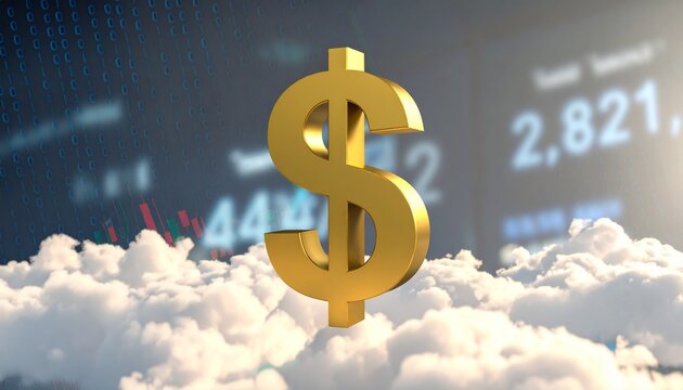 Golden dollar sign symbol floating on clouds with a digital stock market data screen in the background representing financial success