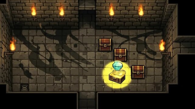 Pixel Dungeon: Chests, Gems, and Gold Reveal in Torchlit Stone Chamber