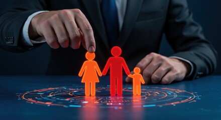 A man placing a family icon on a digital interface, representing family insurance, protection, and security concept.