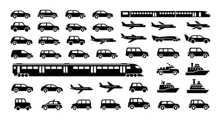 A comprehensive collection of diverse black silhouette vehicle icons, including cars, airplanes, trains, and boats, perfect for transportation design.