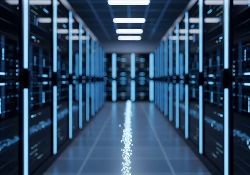 Data center illuminated server room with binary code on the floor