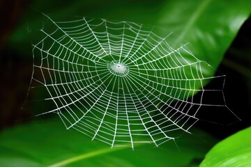 Fototapeta premium Delicate spiderweb, glistening with morning dew, spanning vibrant green leaves
