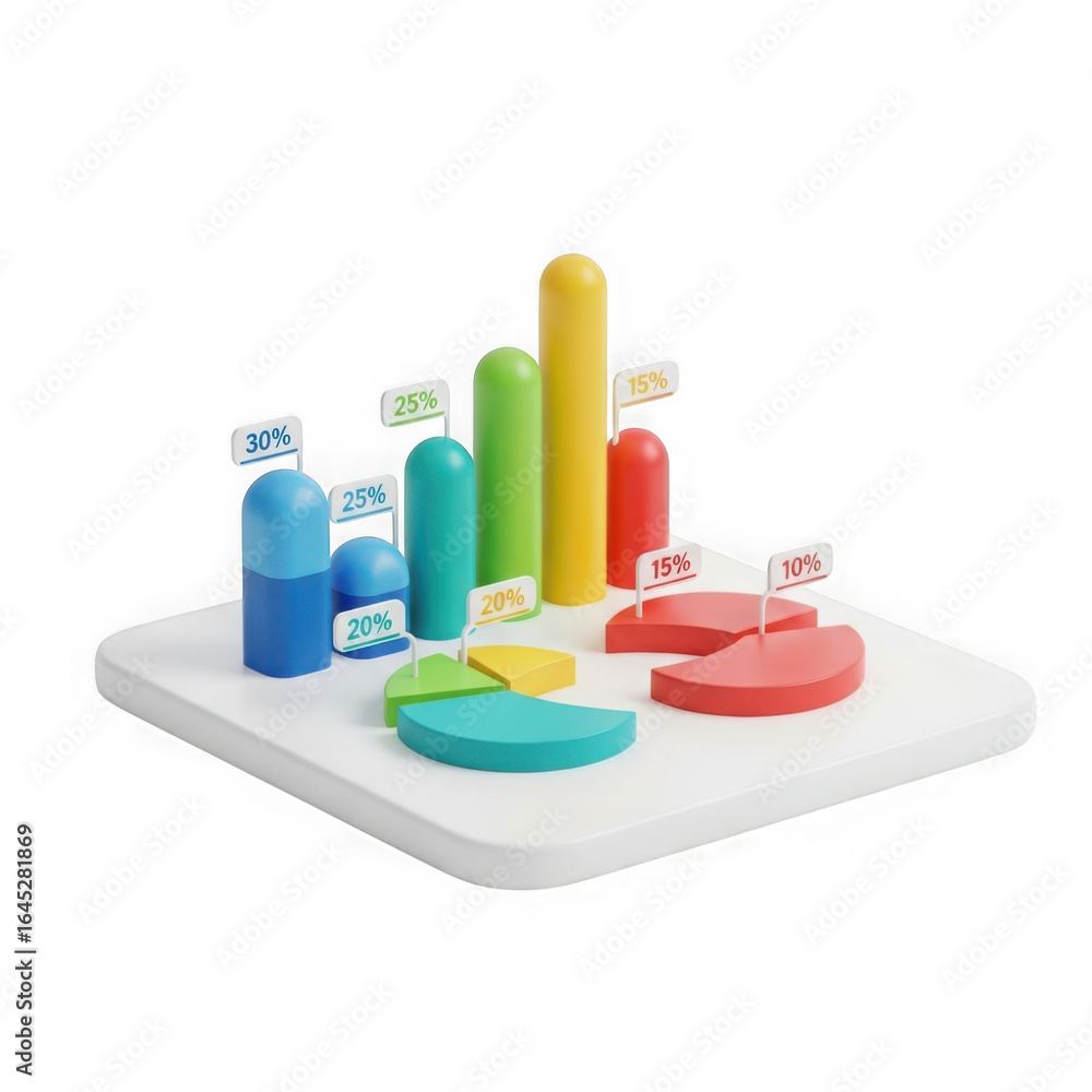 Poster colorful 3d bar chart and pie chart elements representing business growth and data analysis isolated