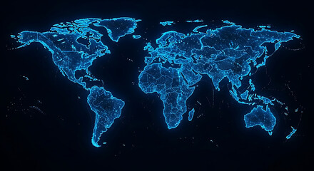 Glowing blue world map with digital network visualization showing global connections, data nodes, and technology communication pathways
