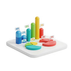 Colorful 3d bar chart and pie chart elements representing business growth and data analysis isolated on transparent background