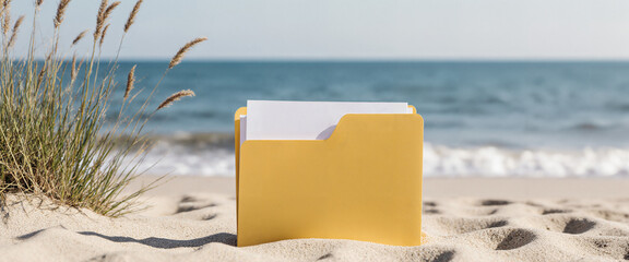 A yellow file folder with papers stands upright in the sand on a beach. Ideal for themes of remote work, summer business, or a relaxed approach to documentation.