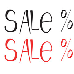 hand-lettered word SALE with a large percent sign, shown in black and red on a white background.vector for retail promotion, discount campaign, banner, poster, flyer, social media and merchandising.