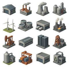 3d industrial icon set featuring factory, warehouse, wind turbine, oil rig, recycling, and more symbols