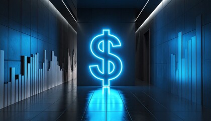 Futuristic Financial Data Corridor with Glowing Neon Dollar Sign and Stock Market Charts