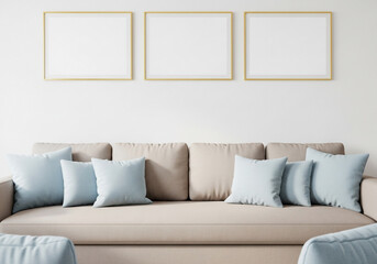 Minimalist Living Room Sofa with Blank Frames on White Wall