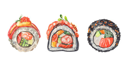 Watercolor art for asian restaurant menu. Hand-drawn Japanese traditional food - jummy rools with eel, shrimp, salmon,. avocado and wasabi