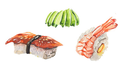 Watercolor art for asian restaurant menu. Japanese traditional food nigiri with eel, shrimp and wasabi