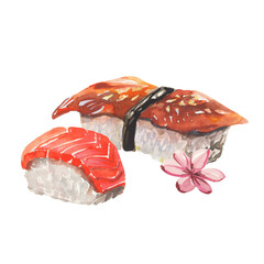 Watercolor hand-drawn illustration of traditional japanese dish. Asian food - Nigirizushi with fresh salmon,  and eel