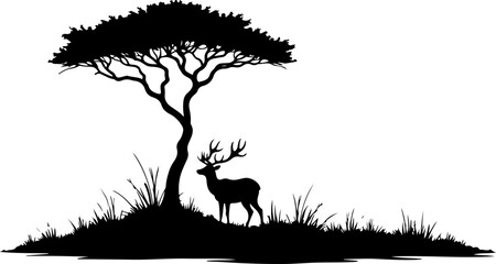 "Serene Deer and Tree Silhouette in Nature"